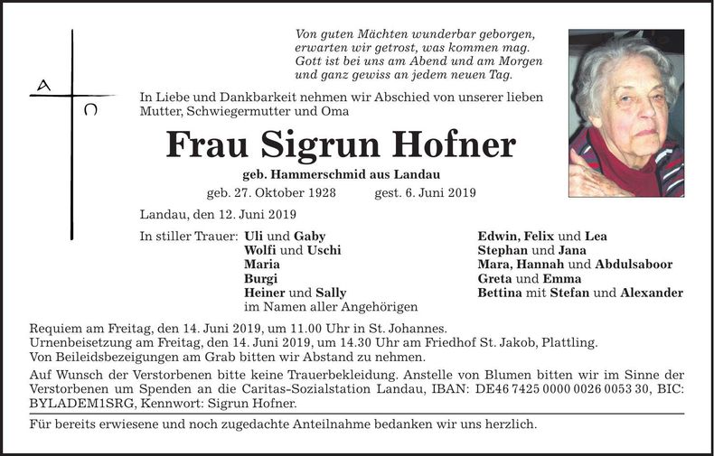 Traueranzeige Hofner Sigrun