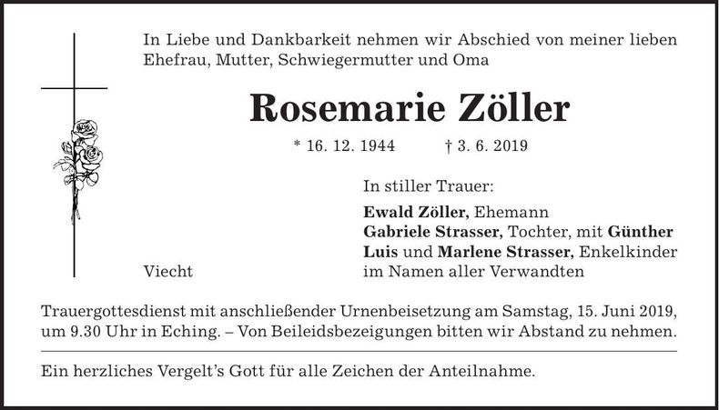 Traueranzeige Rosemarie Zöller