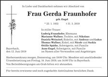 Traueranzeige Gerda Fraunhofer