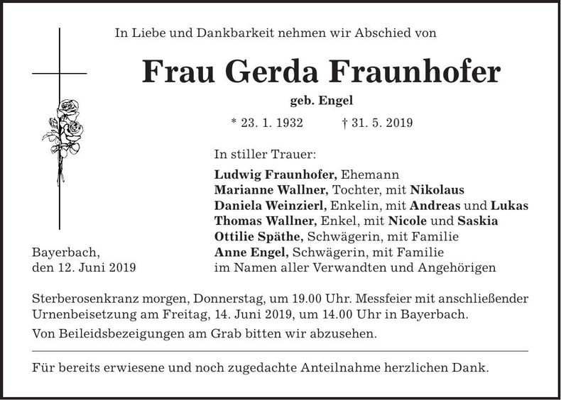 Traueranzeige Gerda Fraunhofer