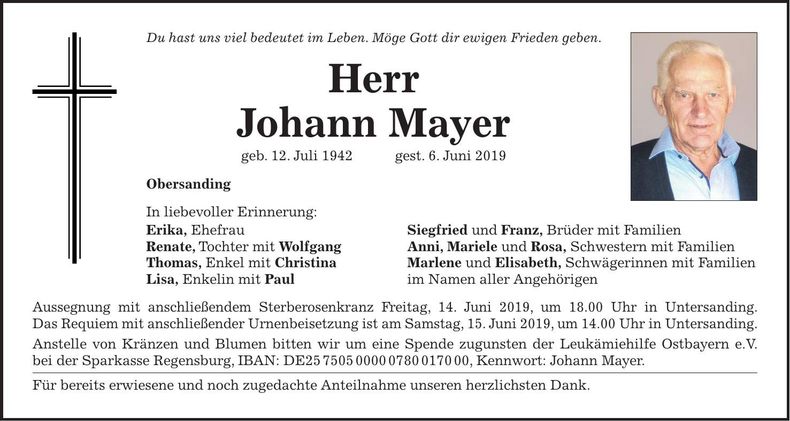 Traueranzeige Johann Mayer