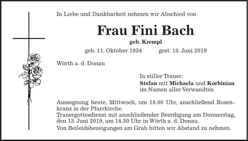 Traueranzeige Fini Bach