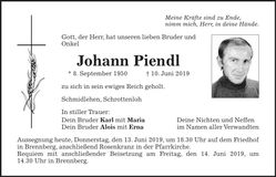 Traueranzeige Johann Piendl