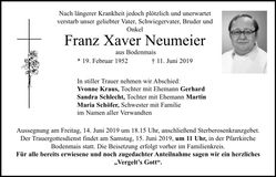 Traueranzeige Franz Xaver Neumeier
