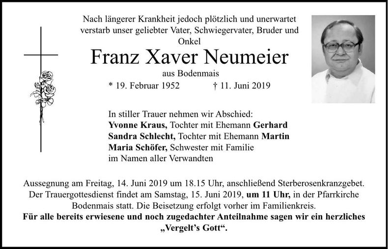 Traueranzeige Franz Xaver Neumeier