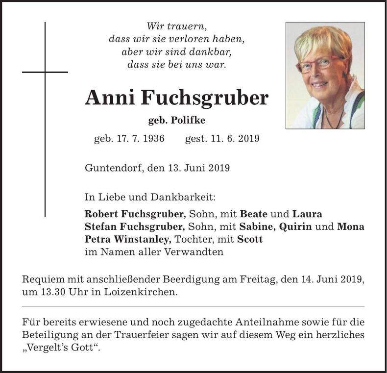 Traueranzeige Anni Fuchsgruber