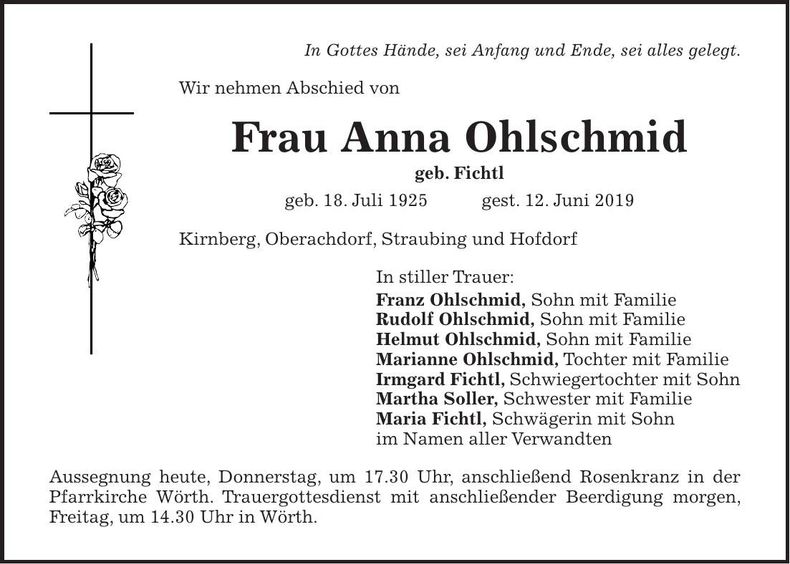 Traueranzeige Anna Ohlschmid