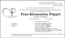 Traueranzeige Klementine Pöppel