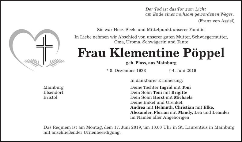 Traueranzeige Klementine Pöppel