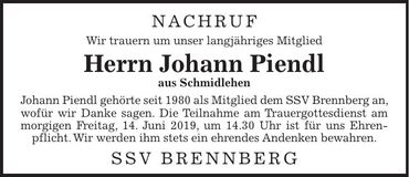 Traueranzeige Johann Piendl