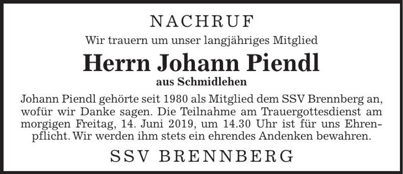 Traueranzeige Johann Piendl