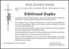 Traueranzeige Edeltraud Zapka