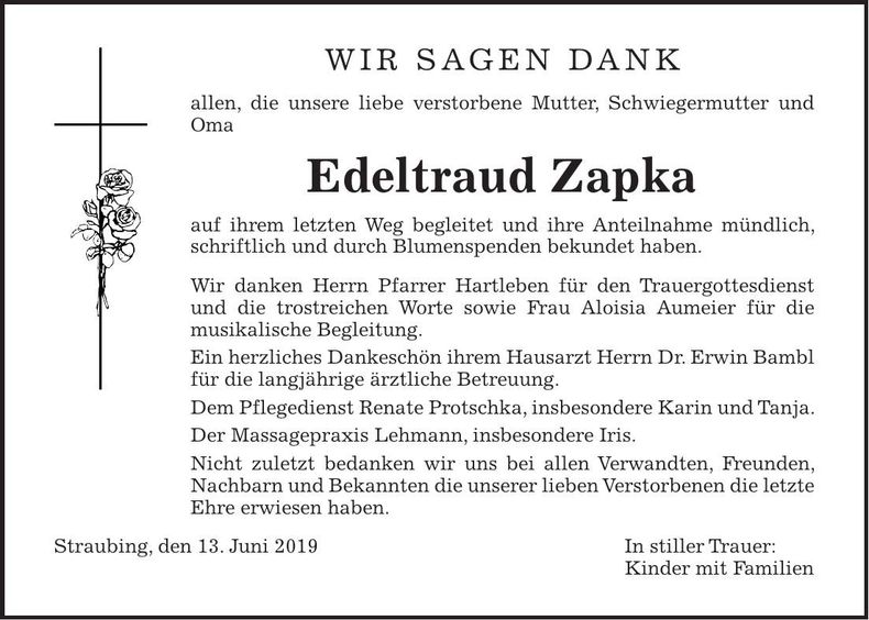 Traueranzeige Edeltraud Zapka