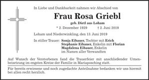 Traueranzeige Rosa Griebl
