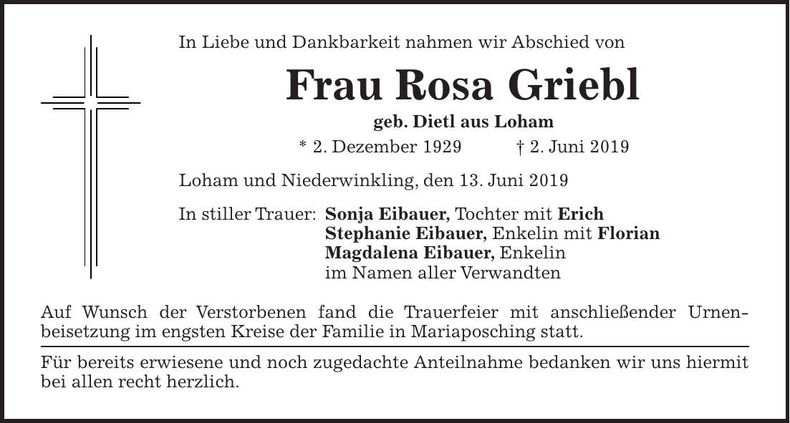 Traueranzeige Rosa Griebl