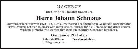 Traueranzeige Johann Schmaus