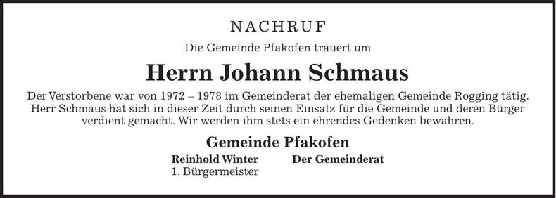 Traueranzeige Johann Schmaus