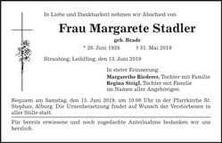 Traueranzeige Margarete Stadler