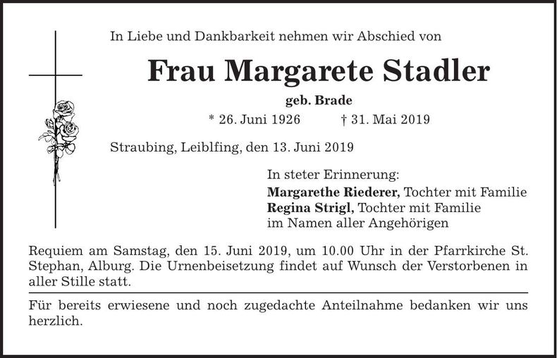 Traueranzeige Margarete Stadler
