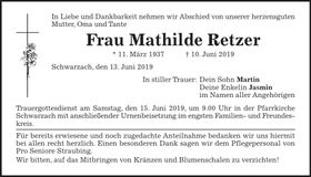 Traueranzeige Mathilde Retzer