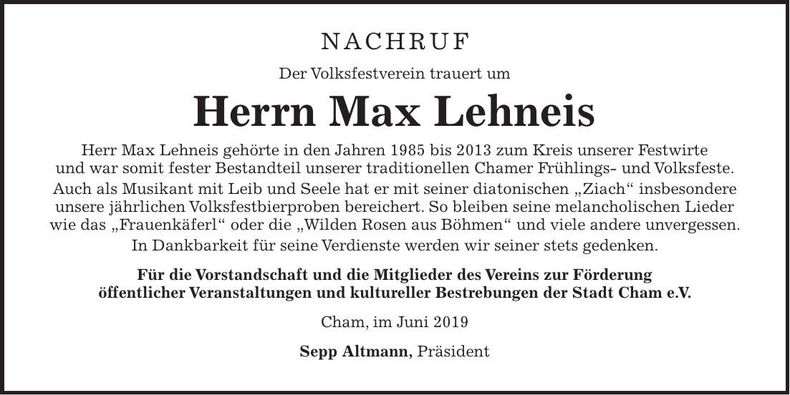 Traueranzeige Max Lehneis
