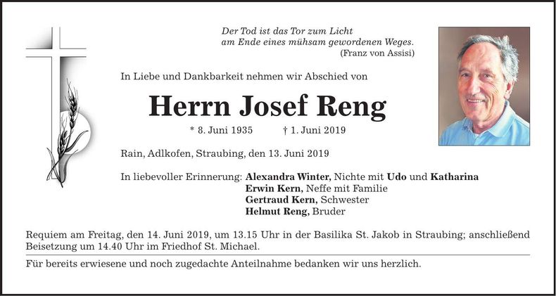 Traueranzeige Josef Reng
