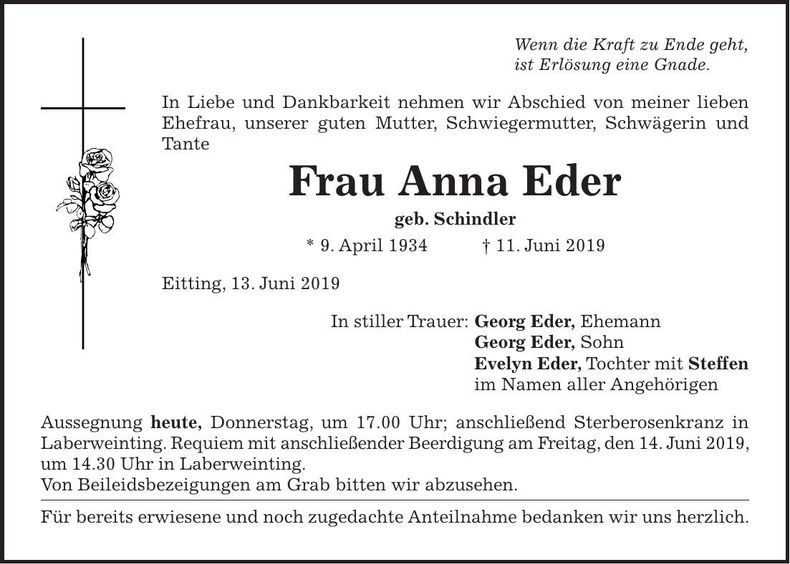 Traueranzeige Anna Eder