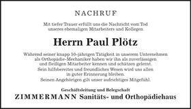 Traueranzeige Paul Plötz