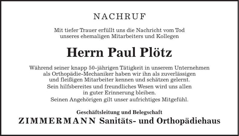Traueranzeige Paul Plötz