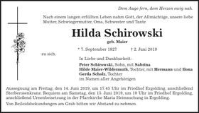 Traueranzeige Hilda Schirowski