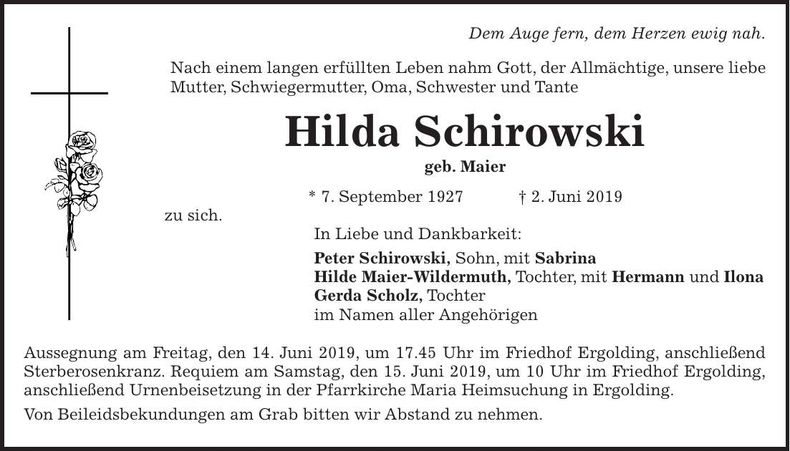 Traueranzeige Hilda Schirowski