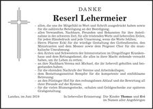 Traueranzeige Reserl Lehermeier