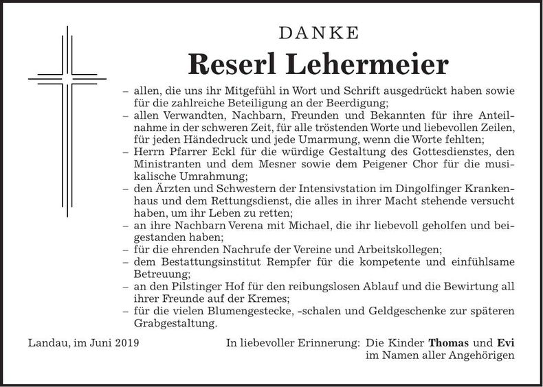 Traueranzeige Reserl Lehermeier