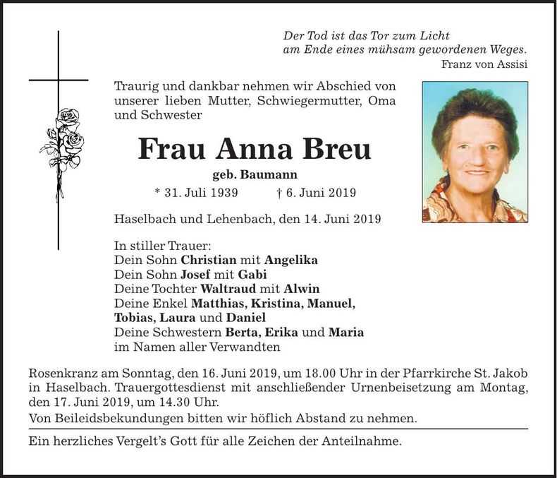 Traueranzeige Anna Breu
