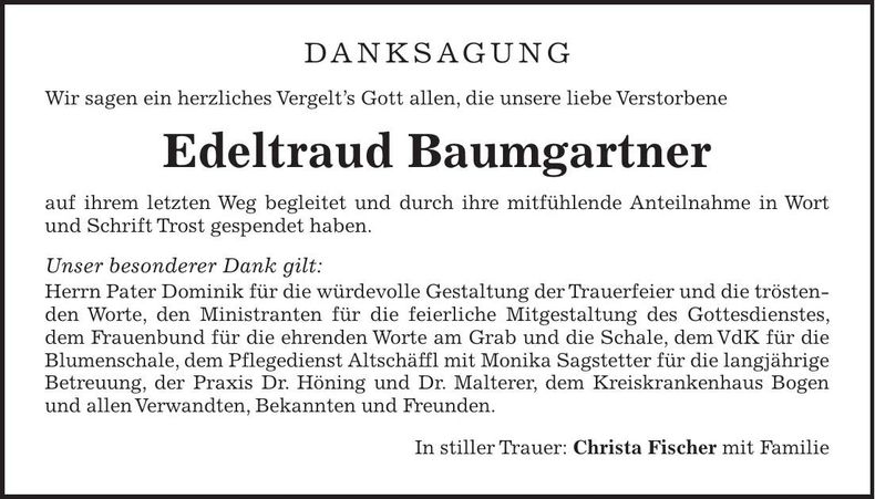 Traueranzeige Edeltraud Baumgartner