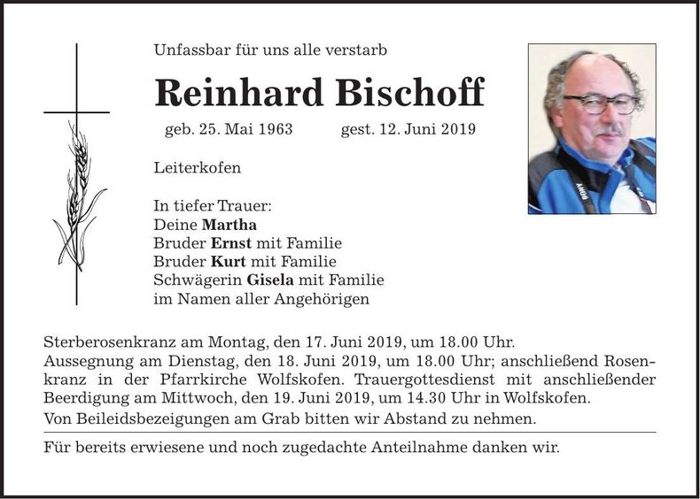 Traueranzeige Reinhard Bischoff