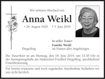 Traueranzeige Anna Weikl