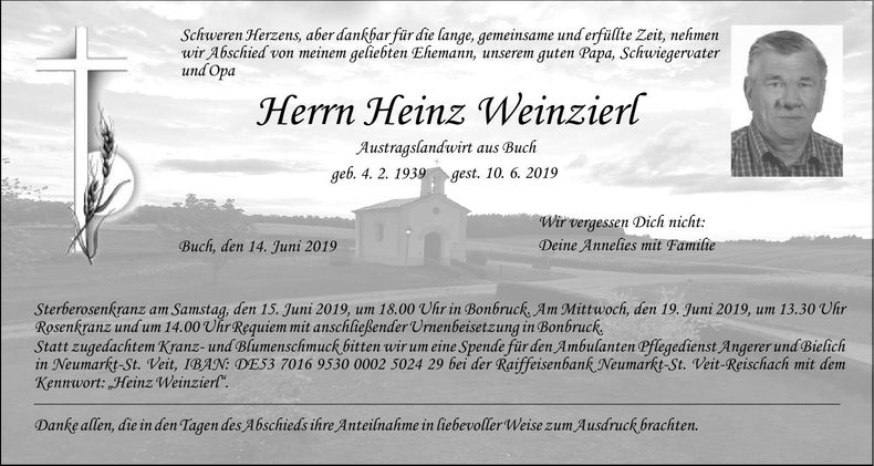 Traueranzeige Heinz Weinzierl