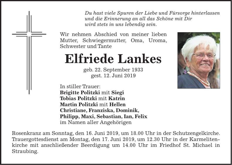 Traueranzeige Elfriede Lankes
