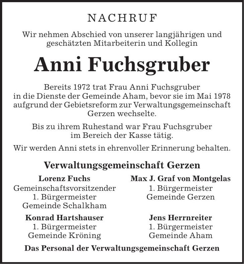 Traueranzeige Anni Fuchsgruber
