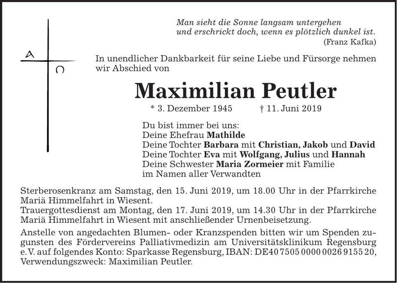 Traueranzeige Maximilian Peutler
