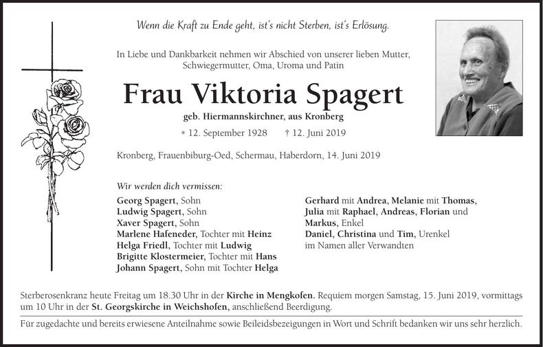 Traueranzeige Viktoria Spagert
