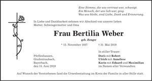 Traueranzeige Bertilia Weber