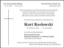 Traueranzeige Kurt Koslowski