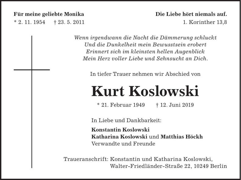 Traueranzeige Kurt Koslowski