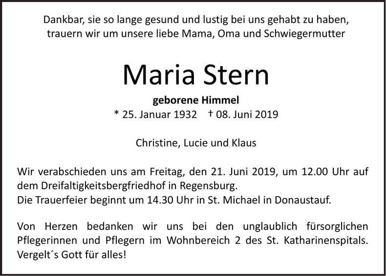 Traueranzeige Maria Stern