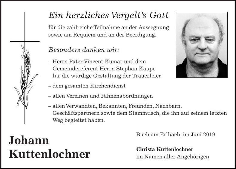 Traueranzeige Kuttenlochner Johann