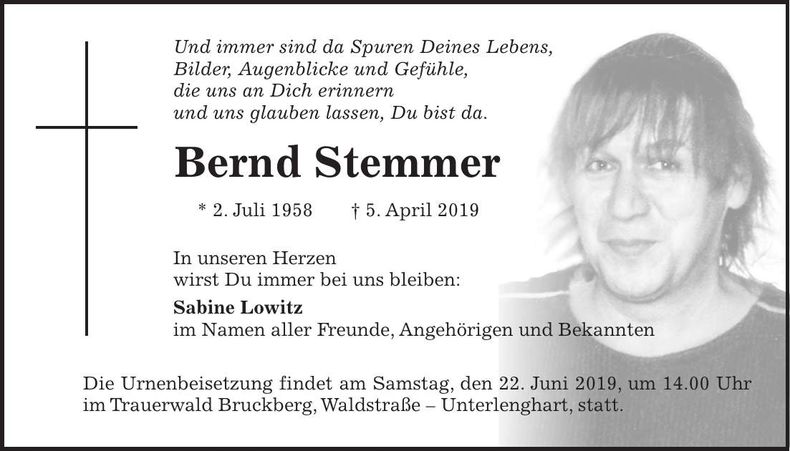 Traueranzeige Bernd Stemmer