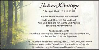 Traueranzeige Helene Köntopp