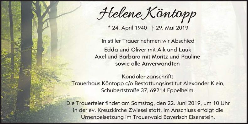 Traueranzeige Helene Köntopp